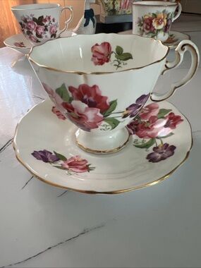 Rare Elegant Bone China Teacup & Saucer - White with Pink and Purple Flowers